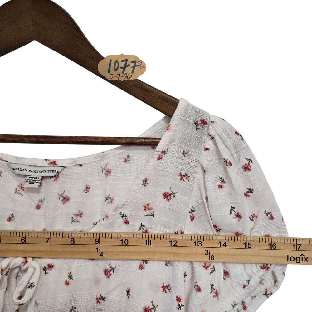 American Eagle Floral Puff Sleeve Smocked Crop Top White Red Womens Medium M - Picture 5 of 6